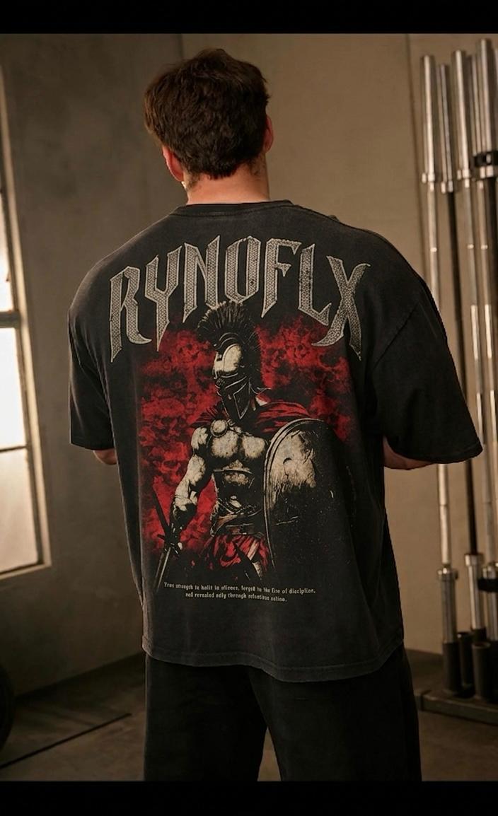 Person wearing a black t-shirt with 'RYNOFLX' design on the back, standing in a room.